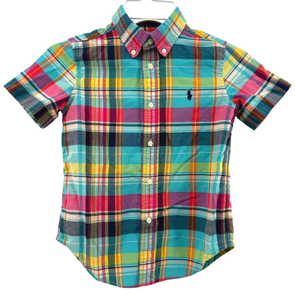 Ralph Lauren Kids Madras Plaid Short Sleeve Button Down Shirt Multi Color 4/4T‎